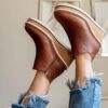 H6e9b8f0fa5074ddab21cef1a58bd9a90k Zipper Wedges Women's Ankle Boots Round Toe Ladies Modern Boots PU Leather Solid Color Sewing Female Casual Shoes women