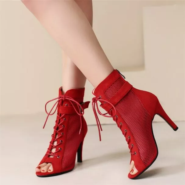 Peep Toe Summer Shoes Woman Sandals Sexy Hollow Gladiator Ankle Boots Lace-up High Heels Jazz Dance Shoes Female Large Size