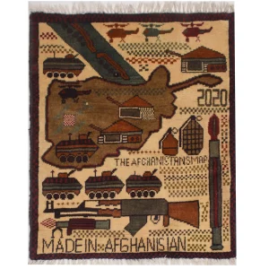 Resilient Threads: Handcrafted Afghan War Rug - 1' 8" x 2' 5" (ft) of Artistic Mastery